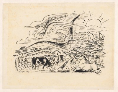 Zwei Vögel fliegen über eine Landschaft mit Vieh von Leo Gestel (signed by artist)