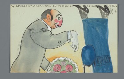 Postkarte mit einer Zeichnung des Unterkörpers von An Overtoom und Oberkörpers von Leo Gestel mit Blumenstrauß von Leo Gestel