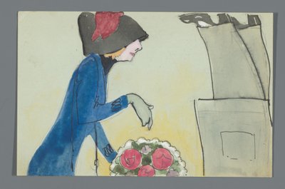 Postkarte mit einer Zeichnung des Unterkörpers von Leo Gestel und Oberkörpers von An Overtoom mit Blumenstrauß von Leo Gestel