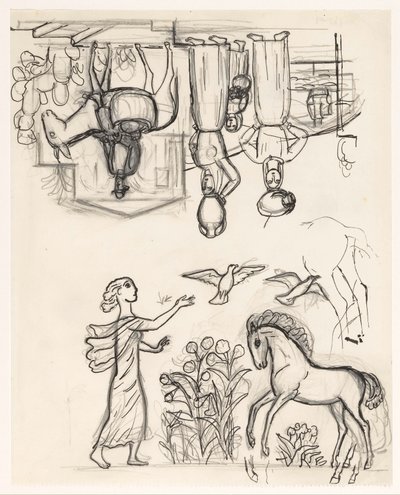 Studienblatt mit zwei Frauen mit Krügen auf dem Kopf, einem Mann auf einem Esel und einer Frau, die Vögel bei einem Fohlen freilässt von Leo Gestel