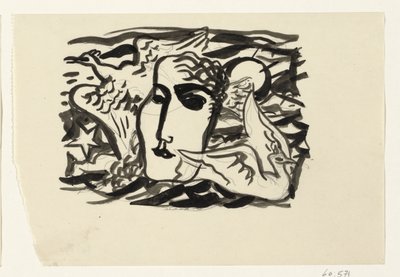 Frauenkopf und Möwen mit Meer im Hintergrund von Leo Gestel