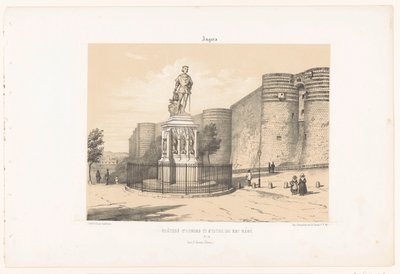 Ansicht der Statue von René I. von Anjou und des Schlosses von Angers von Leon Auguste Asselineau
