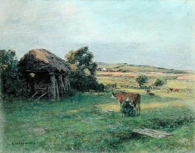 Landschaft mit einer Bäuerin, die eine Kuh melkt, Mitte der 1880er Jahre von Leon Augustin Lhermitte