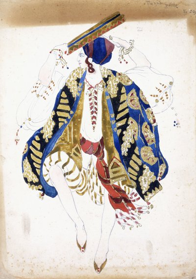 Kostümentwurf für einen männlichen Tänzer in "Danse Juive", der Knickerbocker und einen Turban trägt und ein Tamburin spielt von Leon Bakst