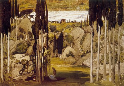 Dekor von Léon Bakst, russischer Maler und Dekorateur, basierend auf einem Original-Aquarell, für Maurice Ravels Ballett „Daphnis et Chloé“ von Leon Bakst