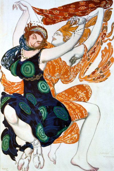 Zwei Bacchantinnen, Kostümentwurf für eine Ballets Russes Produktion von Tcherepnins Narcisse von Leon Bakst
