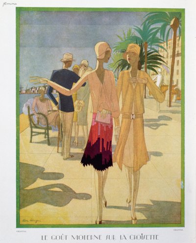 Modische Leute spazieren auf der Croisette-Promenade in Cannes, Illustration aus der Zeitschrift 