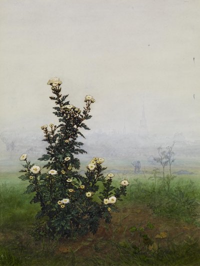 Fieberfew vor einer Landschaft, Issy-les-Moulineaux (?) von Léon Bonvin