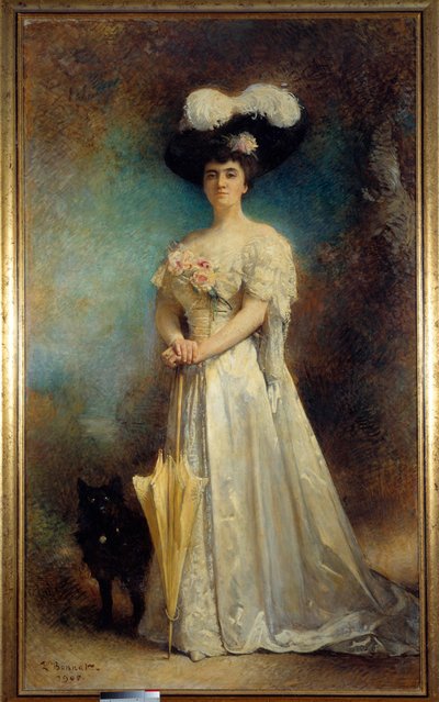 Ganzkörperporträt von Madame Maurice Pascal und ihrem Hund Tiny. Gemälde von Leon Joseph Bonnat (1833-1922) 1905. Pau, Musée des Beaux Arts von Leon Joseph Florentin Bonnat