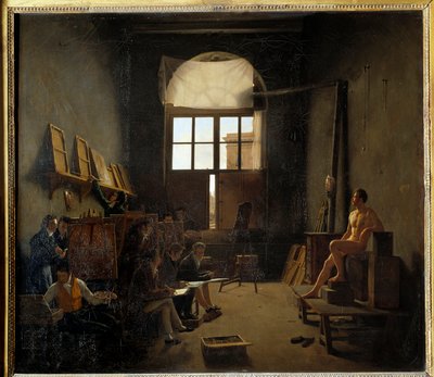 Innenansicht von Davids Atelier am Collège des Quatre-Nations im Jahr 1814 (heutiges Institut de France). Gemälde von Mathieu Cochereau (1793-1817) von Leon Mathieu Cochereau