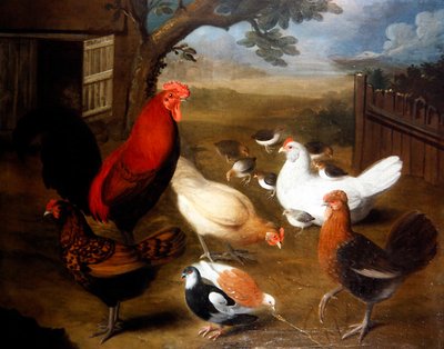 Eine Hofszene mit einem Hahn von Leonard Hubner