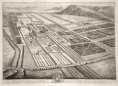 Chatsworth House, Sitz von William Cavendish (1640-1707), 1. Herzog von Devonshire, graviert von Johannes Kip von Leonard Knyff