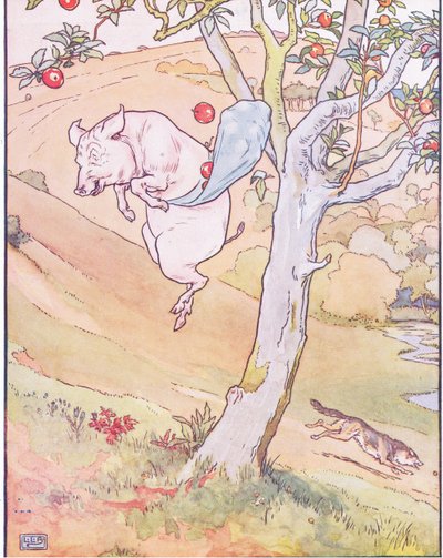Sind das schöne Äpfel? Ja, sehr schön, sagte das kleine Schwein, ich werde dir einen herunterwerfen von Leonard Leslie Brooke