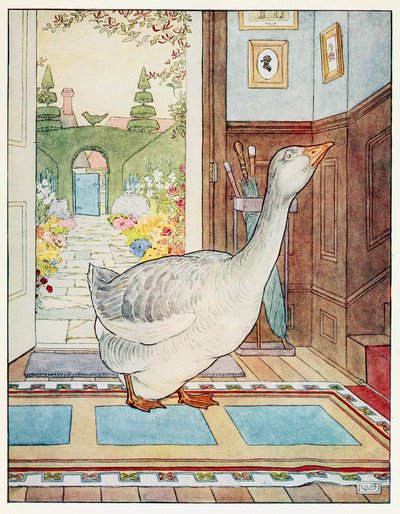 Gänschen, Gänschen Gänschen, wohin soll ich wandern, aus Ein Bilderbuch der Kinderreime, veröffentlicht 1914 von Leonard Leslie Brooke