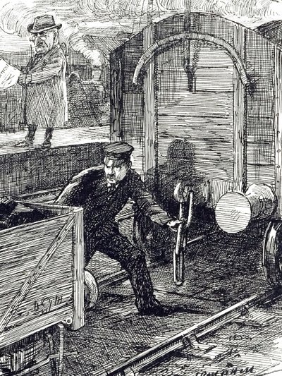 Eine Karikatur, die die Unfälle von Eisenbahnarbeitern kommentiert. Illustriert von Leonard Raven-Hill (1867-1942), einem englischen Künstler, Illustrator und Karikaturisten, 20. Jahrhundert von Leonard Raven Hill
