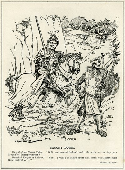 Die Labour Party weigert sich, sich Lloyd George anzuschließen, um den Drachen der Arbeitslosigkeit zu töten, 1921 von Leonard Raven Hill