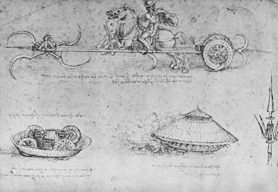 Ein Streitwagen mit Sicheln, zwei Zeichnungen einer Art Panzer und ein Partisan, um 1480, 1945 von Leonardo da Vinci