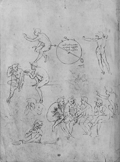 Eine Gruppe von Figuren im Gespräch an einem Tisch, zwei Figuren im Gespräch und andere, 1481-1483 von Leonardo da Vinci