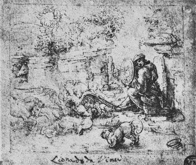 Allegorie: Tiere kämpfen und ein Mann mit einem Brennglas von Leonardo da Vinci