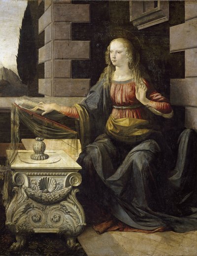 Verkündigung. Detail der Jungfrau Maria und ihres Schreibtisches, dekoriert mit einer Jakobsmuschel (um 1475) von Leonardo da Vinci