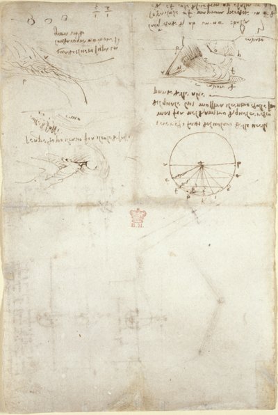 Drei Notizen und Skizzen über Wasser; ein Diagramm über den Vogelflug, ca. 1500-5 von Leonardo da Vinci