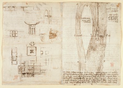 Zeichnungen zu mechanischen Kräften und Kräften, Aufprall, Schwerkraft, Bewegung, Optik und Astronomie, mit verschiedenen arithmetischen und geometrischen Vorschlägen von Leonardo da Vinci