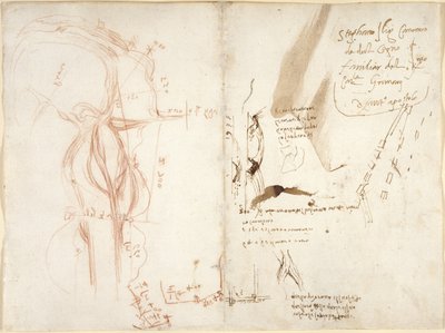Planimetrische Skizze des Flusses Arno; Notizen zu Entfernungen und Richtungen von Leonardo da Vinci