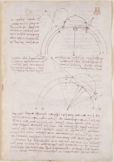 Notizen und geometrische Diagramme zur Optik, bezugnehmend auf Alhazens Problem von Leonardo da Vinci