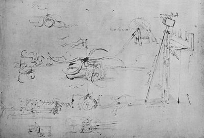 Streitwagen bewaffnet mit Sicheln und Dreschflegeln und Reiter mit drei Lanzen, um 1480, 1945 von Leonardo da Vinci