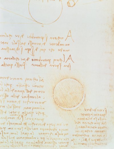Detail von fol. 2r, aus dem Codex Leicester, zeigt die äußere Leuchtkraft des Mondes von Leonardo da Vinci
