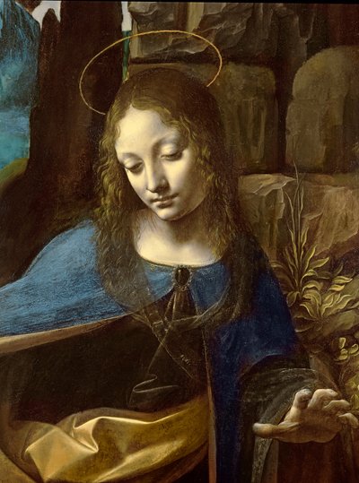 Detail des Kopfes der Jungfrau, aus Die Jungfrau der Felsen (Die Jungfrau mit dem Kindlichen Johannes, der das Kindliche Christus anbetet, begleitet von einem Engel) (Detail), ca. 1508 von Leonardo da Vinci