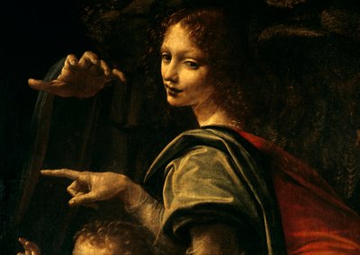 Detail der Jungfrau mit Felsen, Johannes der Täufer zeigt mit dem Finger und Hand der Jungfrau Maria von Leonardo da Vinci
