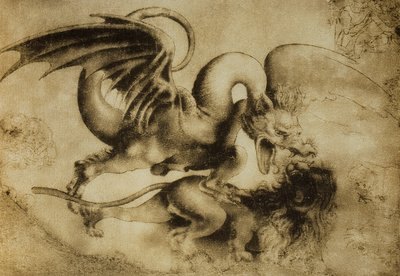 Drache tötet einen Löwen, Zeichnung von Leonardo da Vinci. Gabinetto dei Disegni e Stampe, Uffizien, Florenz von Leonardo da Vinci