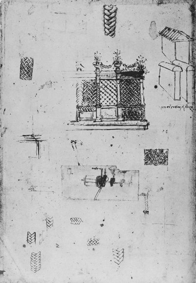 Zeichnung eines dekorativen Bildschirms und andere Skizzen von Leonardo da Vinci
