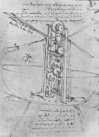 Zeichnung einer Flugmaschine mit einem Mann, der sie bedient, ca. 1480, 1945 von Leonardo da Vinci
