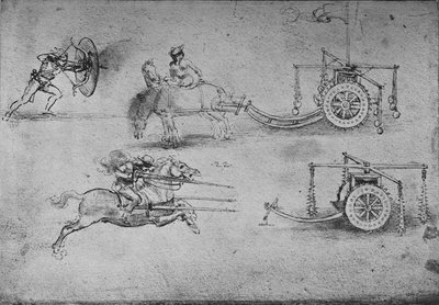Zeichnungen von Streitwagen mit Dreschflegeln, eines Bogenschützen mit Schild von Leonardo da Vinci
