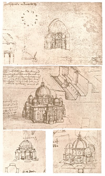 Vier Zeichnungen der kirchlichen Architektur, ca. 1472-1519 von Leonardo da Vinci