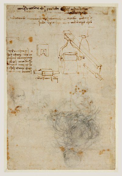 Kopf eines alten Mannes und Studien von Maschinen, ca. 1503-06 (schwarze Kreide, Feder und braune Tinte) von Leonardo da Vinci