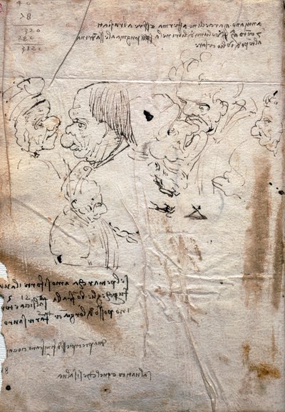 Männliche Karikaturen und Bibliotheksliste, Codex Trivulzianus von Leonardo da Vinci