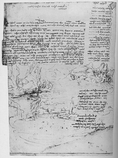 Seite mit Text und Skizzen einer Landschaft von Leonardo da Vinci