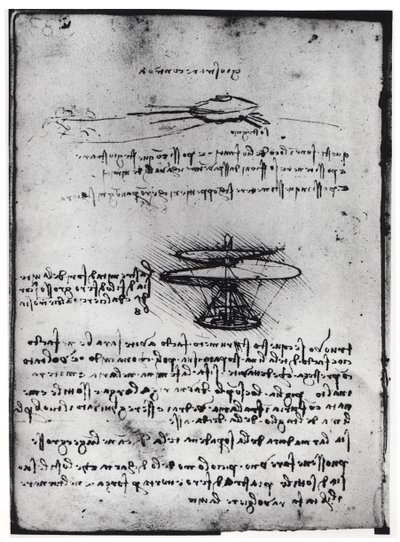 Paris Manuskript B, fol. 83v: Seite mit Text und Skizzen für eine Flugmaschine, 1488-90 von Leonardo da Vinci