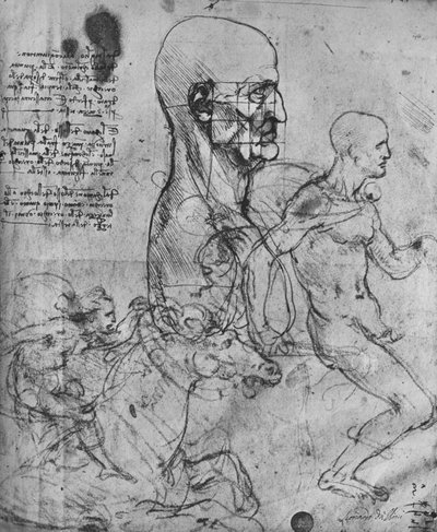 Profil eines Mannes, quadratisch für Proportionen und Studien von Reitern, um 1480, 1945 von Leonardo da Vinci