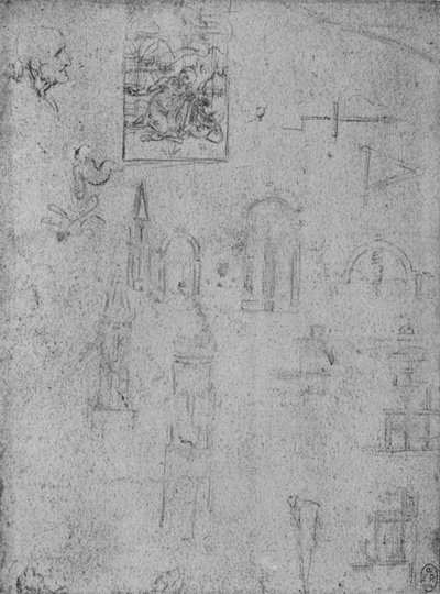 Studien der Architektur und einer Jungfrau, die das Jesuskind anbetet von Leonardo da Vinci