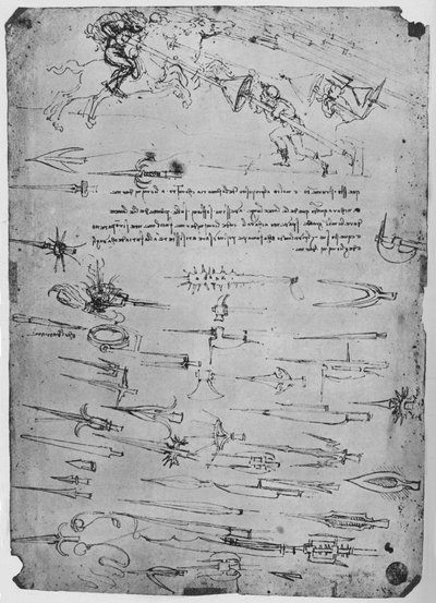 Studien von Fußsoldaten, die Reiter mit Lanzen angreifen, um 1480, 1945 von Leonardo da Vinci