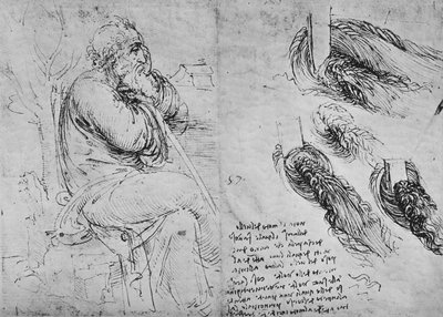 Studien eines sitzenden alten Mannes und von wirbelndem Wasser, um 1480, 1945 von Leonardo da Vinci