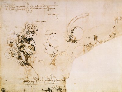 Studie von zwei Köpfen im Profil und Studien von Maschinen von Leonardo da Vinci