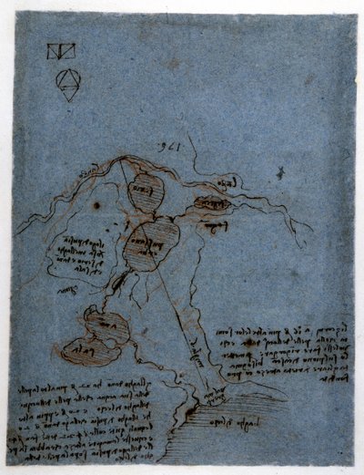 Studie über die Nutzung der Wasserkraft in hydraulischen Maschinen (Noria) von Leonardo da Vinci. Zeichnung mit Feder und Tinte. von Leonardo da Vinci