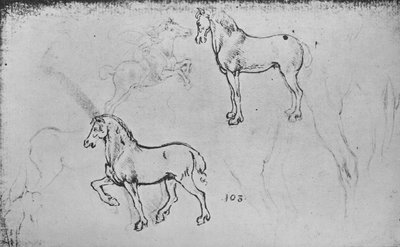 Zwei Studien von Pferden, eine von einem galoppierenden Reiter und andere von Pferdebeinen, ca. 1480, 1945 von Leonardo da Vinci