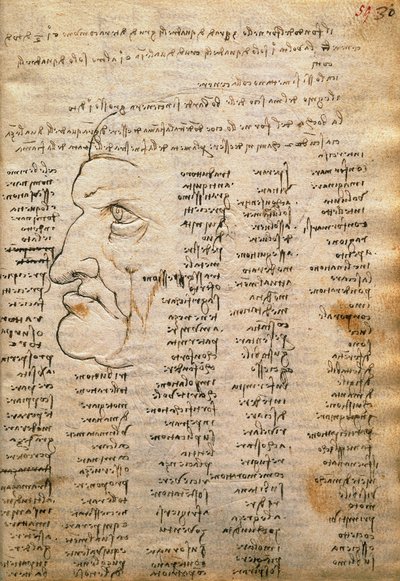 Wortliste und männliches Profil, aus dem Codex Trivulzianus von Leonardo da Vinci
