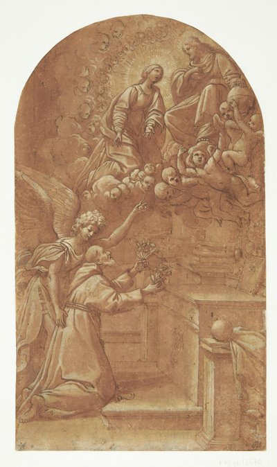 Ein kniender Franziskaner (Franz von Assisi?), der von einem Engel gestützt wird, reicht mit beiden Händen Blumen dem thronenden Christus, der von Engeln getragen wird und mit Maria an seiner Seite von Leonello Spada